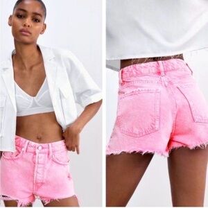 Zara pink denim cut-off jean shorts acid wash frayed y2k